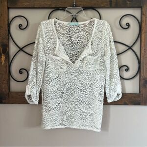 Maurices Lace Sheer Three Quarter Sleeve Popover Ivory Tunic Blouse M